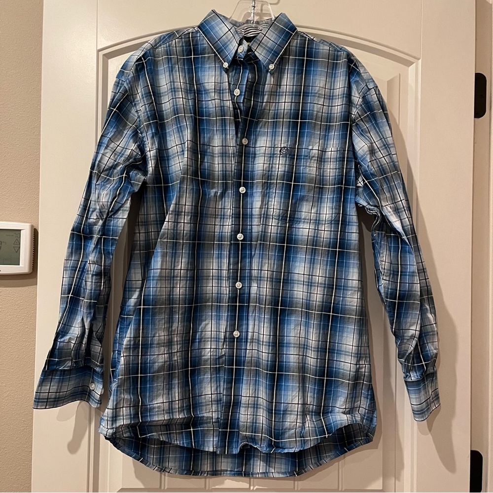 Wrangler George Strait Men's Blue and White Plaid Button Down Shirt Medium